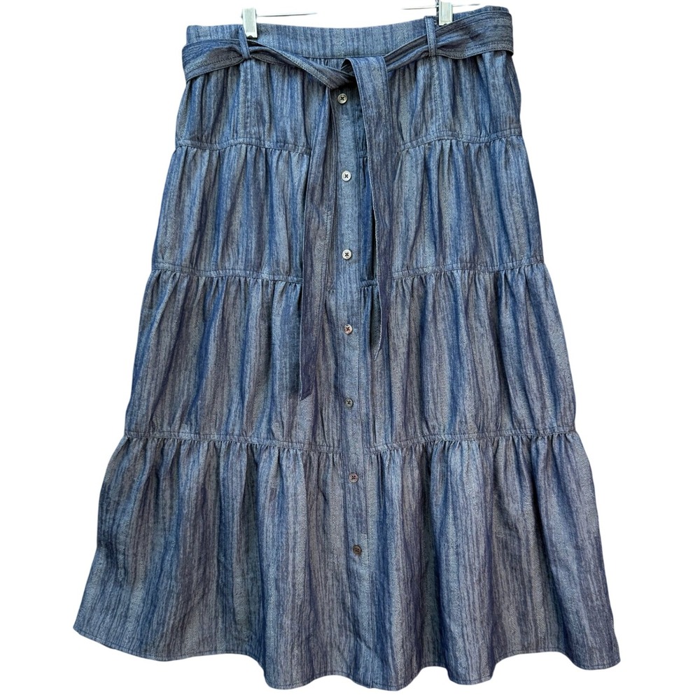 NWT Current Air Tiered Prarie‎ Midi Skirt Blue Chambray Denim Look Size Large